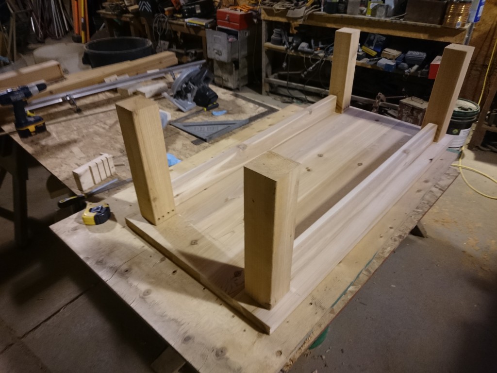 The dowels all put together with the legs and top part of the frame assembled.